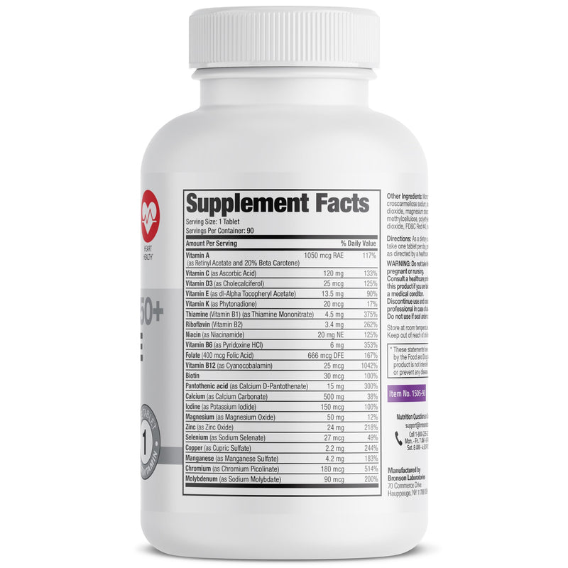 Bronson ONE Daily Women 50+ Complete Multivitamin Multimineral, 90 Tablets | Once-Daily, Targeted Nutrition For Active Women Over 50, Non-GMO, Gluten-Free, Soy-Free 90 Count (Pack of 1)