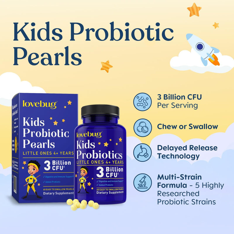 LOVEBUG Probiotics for Kids - Kids Probiotic Chewables with Prebiotics for Aged 4+, Daily Children’s Gut Health, Constipation, Digestive & Immune Support Supplement, Sugar-Free, 60 Soft Pearls 60 Count (Pack of 1)
