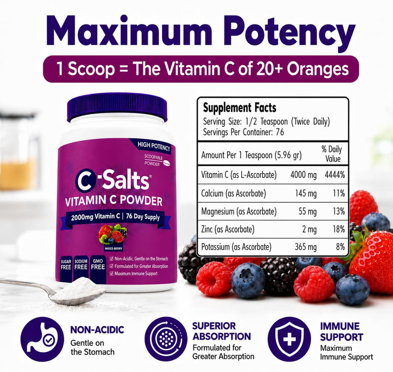 C-Salts Buffered Vitamin C Powder - Pure Organic, Stomach Friendly Ascorbic Acid VIT C Drink for Daily Immune Support & Collagen Production - Vegan Non GMO Sugar Free - 84 Servings Mixed Berry, 8oz 8 Ounce (Pack of 1)