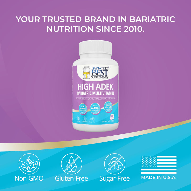 High ADEK Bariatric Multivitamin | DS, SADI & BPD/DS Surgery | Fat-Soluble Vitamins A D E K | 25 Essential Nutrients | ASMBS Compliant | Made in USA | 60 Tablets — 1 Month Supply
