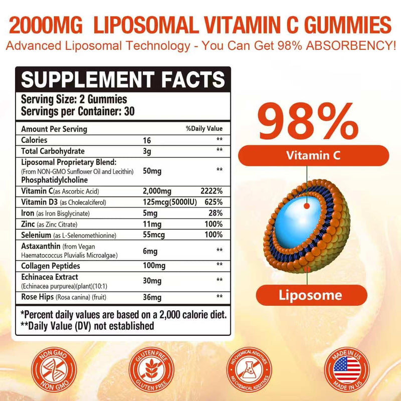 3 Packs Liposomal Vitamin C 2000mg Gummies Complex Rose Hips with D3 5000IU,Elderberry Echinacea,Iron & Zinc for Adults Kids Immune,Antioxidant & Collagen Support,Orange Flavor, 180Count Orange 60 Count (Pack of 3)