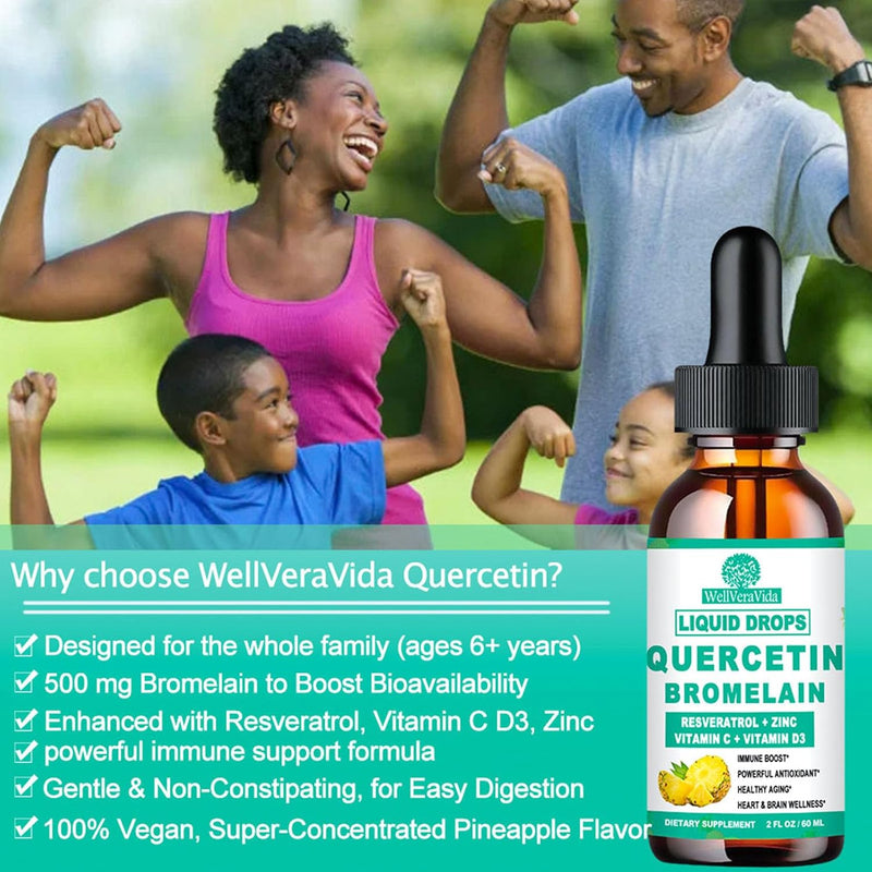 Quercetin with Bromelain Liquid Drops, 4X Stronger Than Capsules & Pills, 7-in-1 Organic Zinc Quercetin 1000mg with Bromelain 500mg Vitamin C D3 Immune Complex for Respiratory Health & Antioxidant - BeesActive Australia