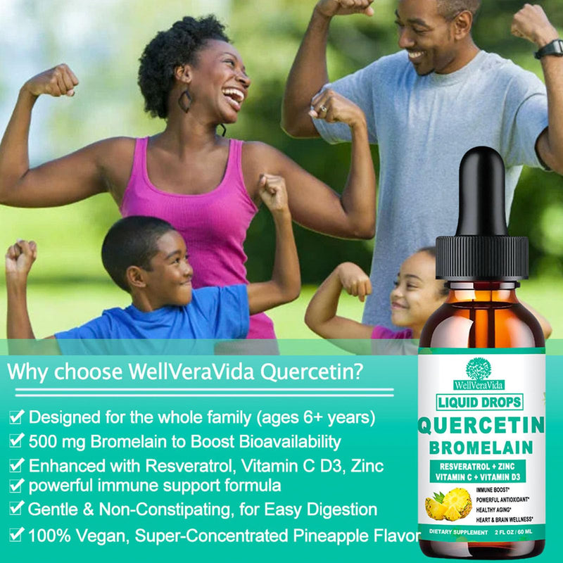 Quercetin with Bromelain, Liquid Quercetin Supplement, Capsule Alternative | Quercetin 1000mg with Bromelain 500mg, Zinc, Vitamin C & D3 for Immune, Antioxidant & Respiratory Support, Non-GMO, 2Fl Oz Pineapple 2 Fl Oz (Pack of 2)