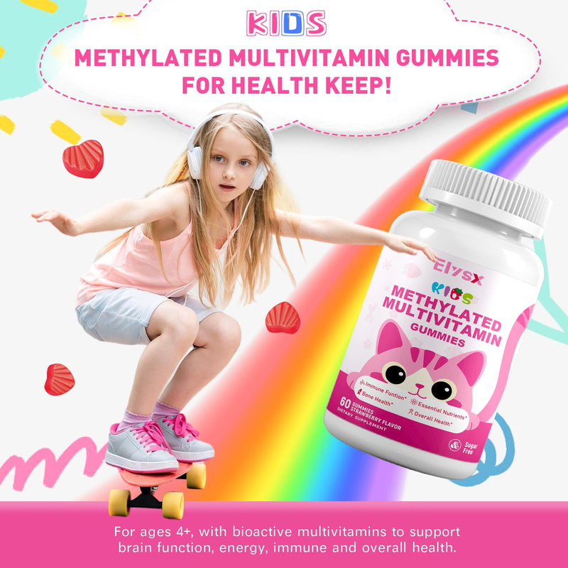 Kids Methylated Multivitamin Chewable Gummies, MTHFR Supplement with L Methylfolate, Magnesium, Biotin, Choline, Inositol, DHA, TMG & Coq 10, Immune & Brain Support, Strawberry Flavor, 60 Ct 60 Count (Pack of 1)