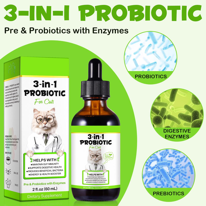 Probiotic for Cats, Natural 3 in 1 Cat Probiotic Drops Helps to Relieve Diarrhea, 60ml for Cats of All Ages, Supports Gut Health, with Digestive Enzymes & Prebiotics Liquid Supplement 1 Pack