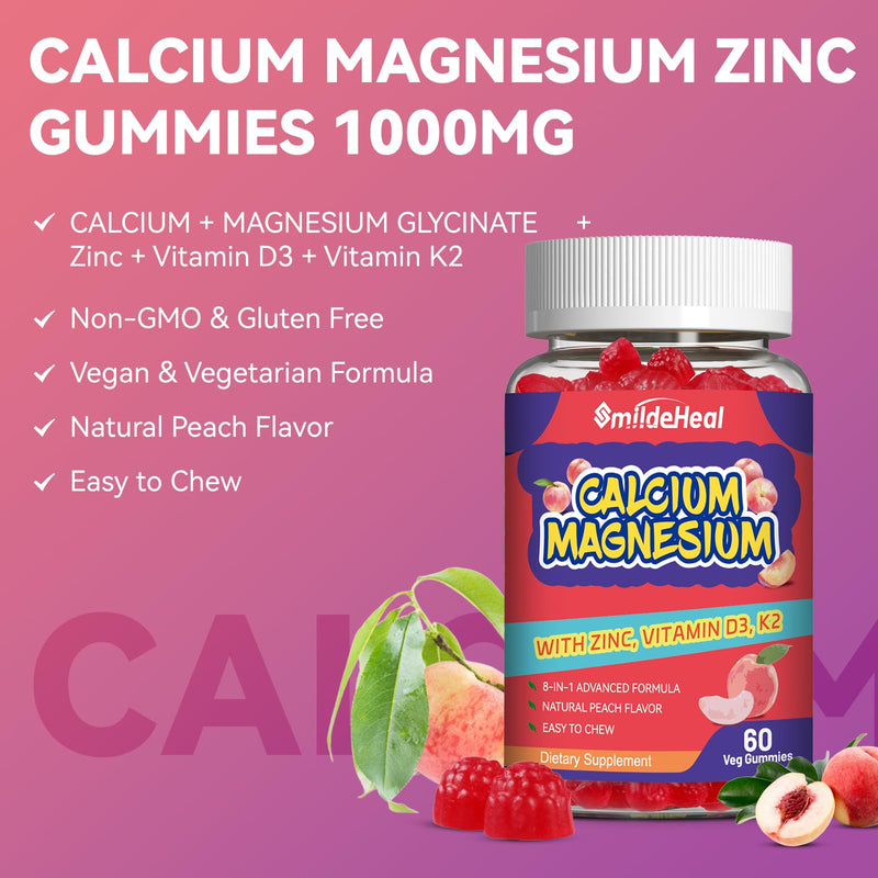 Calcium Magnesium Gummies1000MG, Calcium Magnesium Zinc Gummies with Vitamin D3 - High Absorption Complex Calcium Supplement, Vegan, 60 Counts 60 Count (Pack of 1)