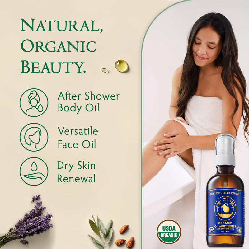 Organic Body & Face Oil for Dry Skin, Hydrating After Shower Moisturizer | Lightweight Nourishing Facial & Body Oil, Natural Cold-Pressed Almond, Olive, Jojoba, Rosehip & Lavender Oils, Vitamin E 4 Fl Oz (Pack of 1)