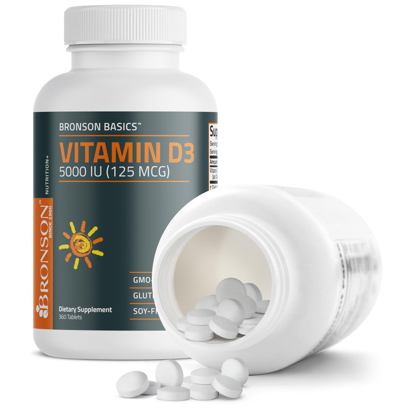 Bronson Vitamin D3 5000iu (125mcg) 1 Year Supply for Healthy Muscle Function and Immune Support, Non-GMO, 360 Tablets - BeesActive Australia