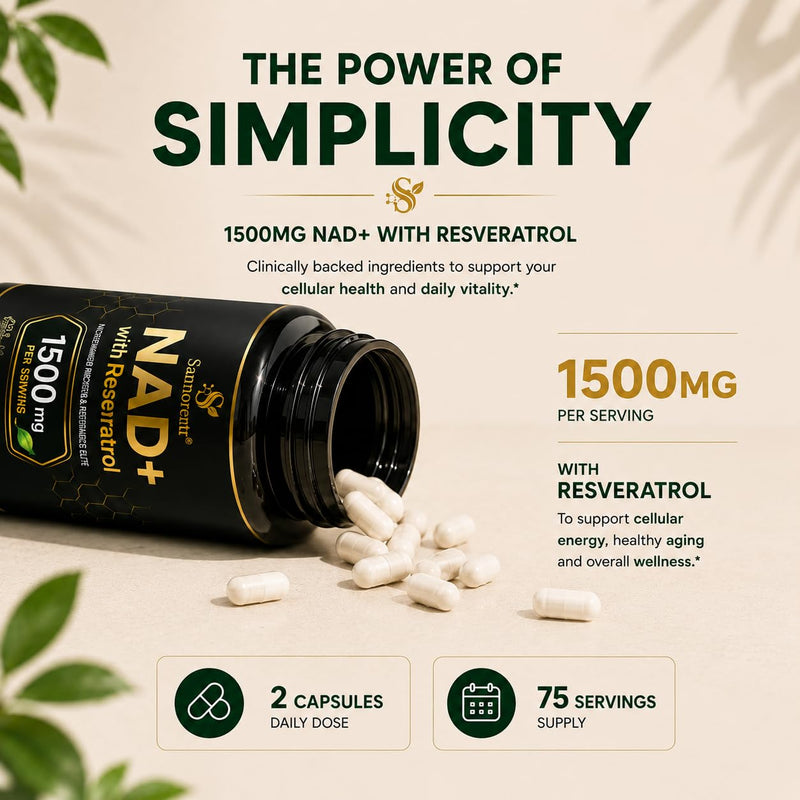 NAD Supplement 1500Mg, NAD+ Resveratrol Supplement Support Cellular Health for Women and Men, Energy & Healthy Aging, Non-GMO - 150 Count 150 Count (Pack of 1)