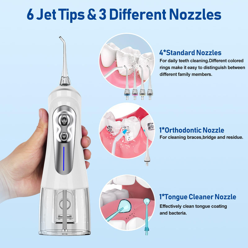 NBGRLVS Water Dental Flosser Cordless for Teeth Pick Cleaning - Powerful Oral Irrigator with 6 Adjustable Modes,320ML Portable & Rechargeable IPX7 Waterproof Cleaner Picks for Home Travel (White) White