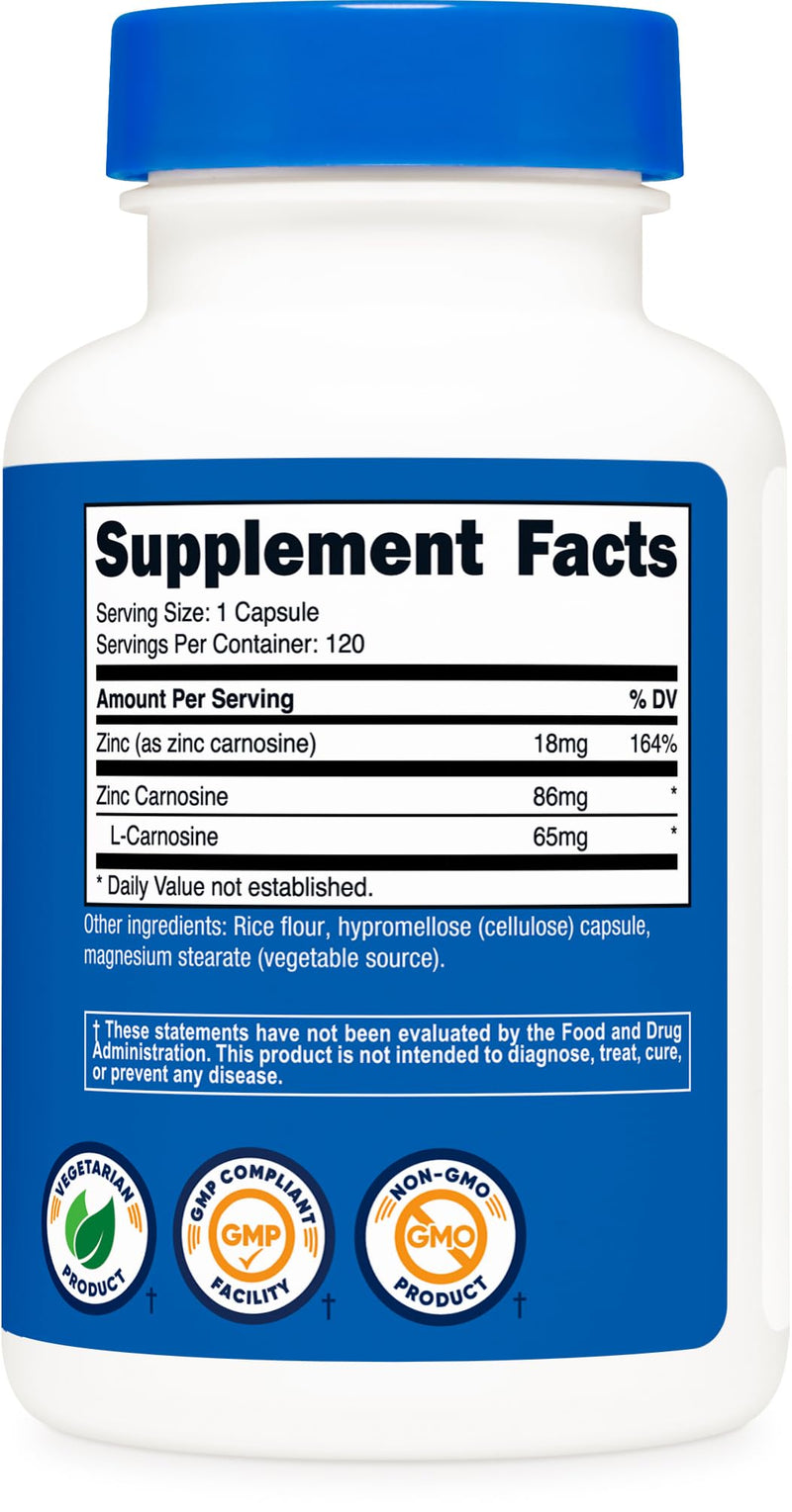 Nutricost Zinc Carnosine 86mg, 120 Capsules - Non-GMO, Gluten Free, Zinc L-Carnosine Supplement - BeesActive Australia