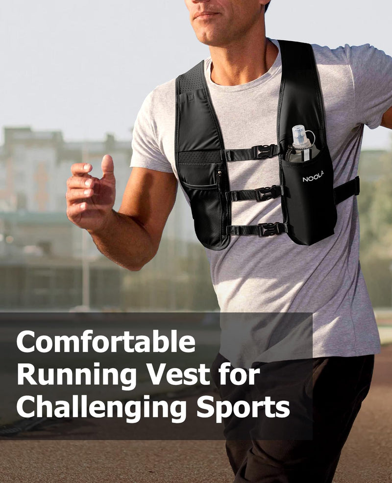 NOOLA Running Vest for Men Women, Adjustable Running Hydration Vest with 500ml Soft Flask, Water Backpack with Phone Holder Black