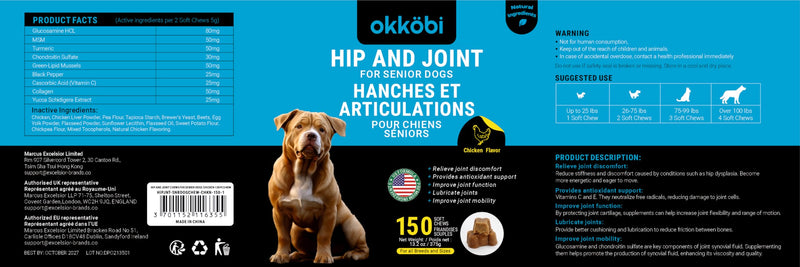 Glucosamine HCL & Hip and Joint Chews for Dogs - 150 pcs - Advanced Hip and Joint Support for Senior Dogs - with MSM & Green Lipped Mussel - Chicken