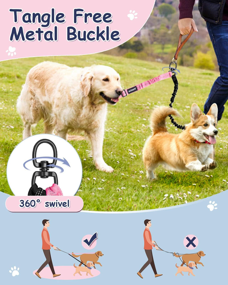 Vastar Pet Double Dog Leash, Tangle Free Bungee Dog Leash Coupler, 360° Swivel Double Dog Walking & Training Leash, Adjustable Strap, Comfortable Shock Absorbing Reflective Bungee Lead for Two Dogs Black+Pink - BeesActive Australia
