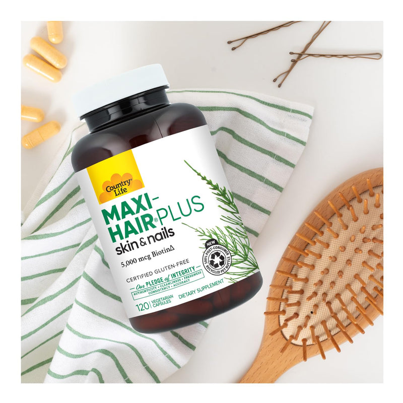 Country Life Maxi-Hair Plus 5,000 mcg Biotin, 120 Capsules | 1,200 mg Maxi Blend with MSM, L-methionine, L-cysteine and horsetail extract; 30 servings