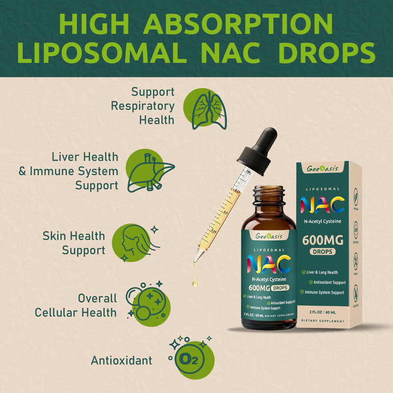 Liposomal Liquid NAC Supplement N-Acetyl Cysteine Drops, N Acetyl Cysteine 600 mg with Quercetin & Zinc for Adults & Kids, Liver & Lung Support, Antioxidant, Immune & Skin Health, 2 Fl Oz 2 Fl Oz (Pack of 1)