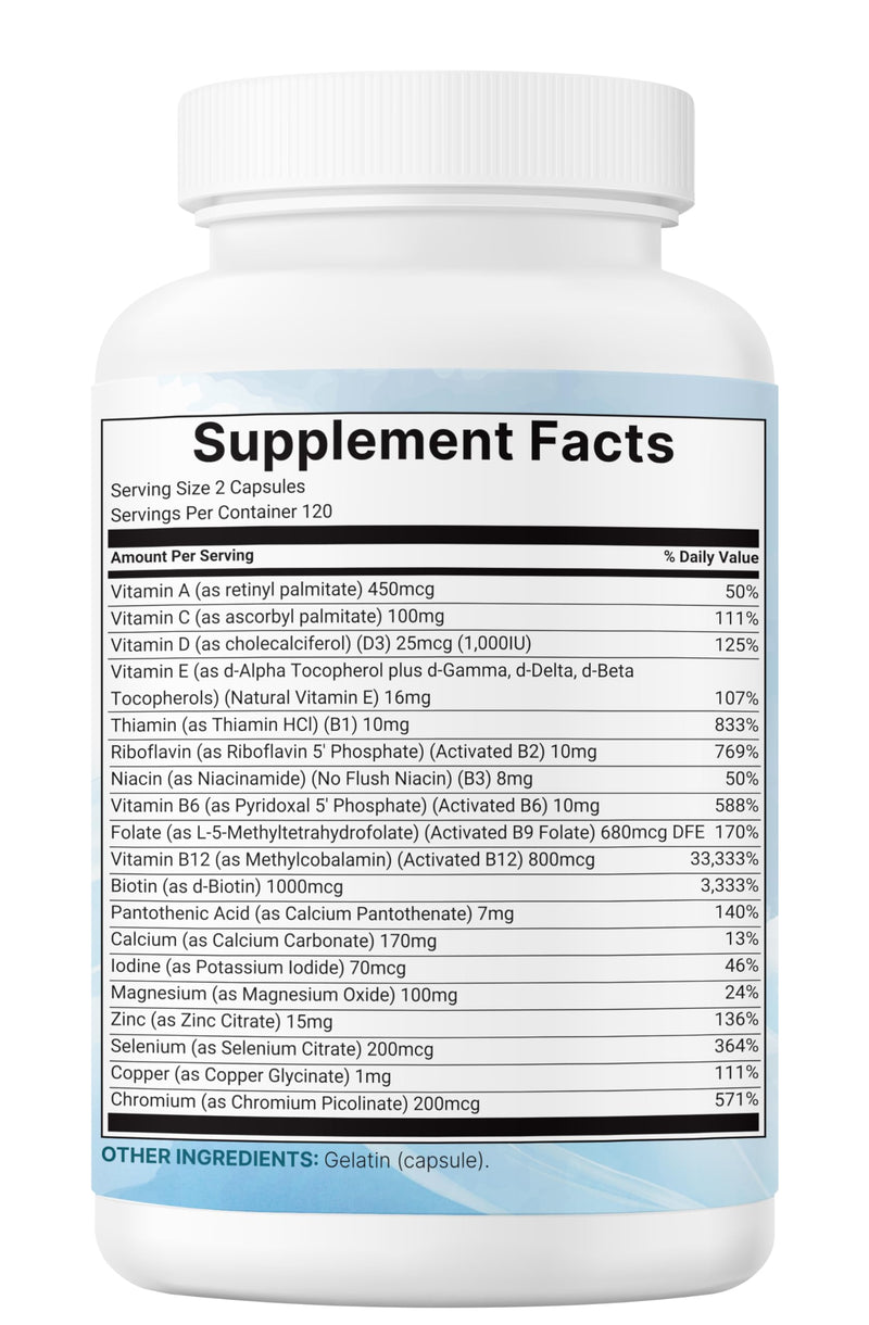 Micro Ingredients Pure Methylated Multivitamin Supplement, 240 Capsules | 19-in-1 Formula with Methylfolate, Methyl B12, Vitamins C, D, Magnesium & Zinc. For Women & Men. Iron Free, Filler Free. 240 Count (Pack of 1)