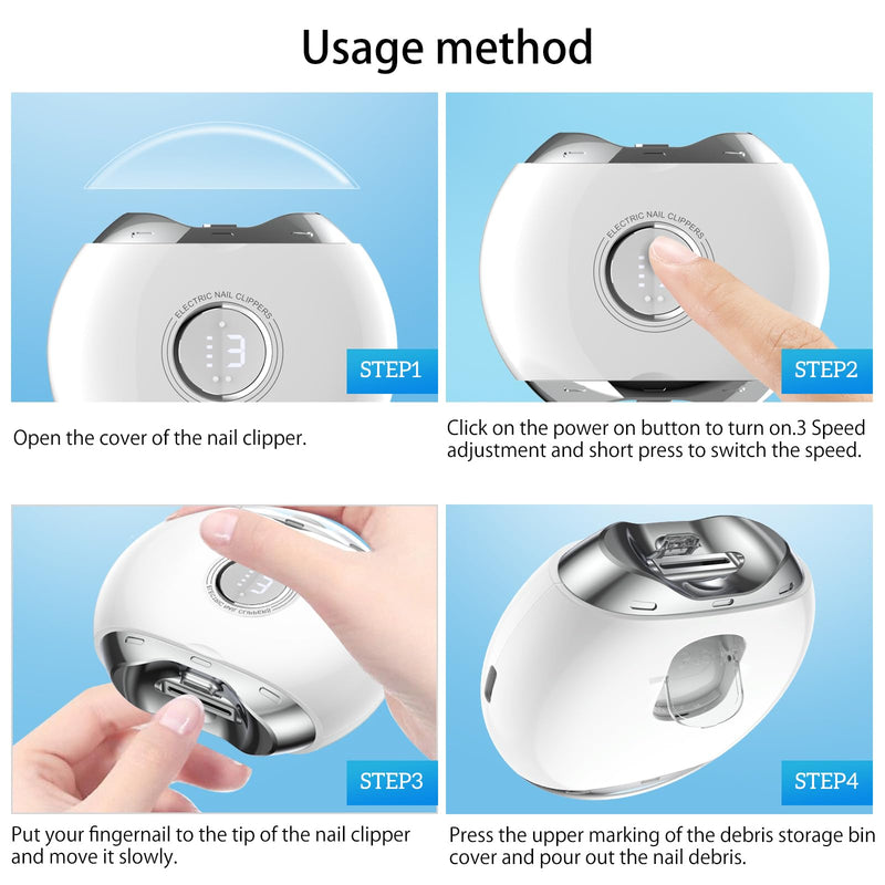 Electric Nail Clipper with LED Light & 3 Speeds, Fingernail Cutter and Polisher and Exfoliating 3 in 1 Nail Scraps Storage Rechargeable Safety Fingernail Trimmer for Baby Seniors and Adult White With Clear