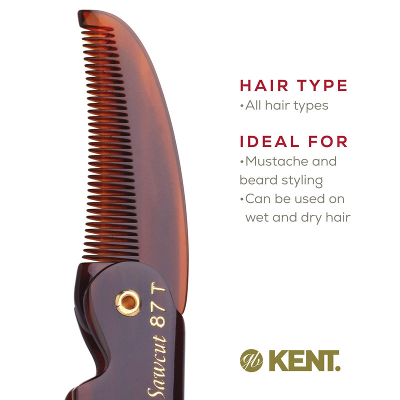 Kent 87T Handmade Folding Pocket Comb for Men, Fine Tooth Hair Comb Straightener for Everyday Grooming Styling Hair, Beard or Mustache, Use Dry or with Balms, Saw Cut Hand Polished, Made in England Pack of 3 Tortoiseshell