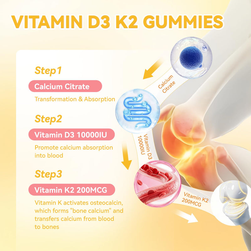 Vitamin D3 K2 Gummies - 10000IU D3 + 200mcg K2 (MK-7) - 60 Count | Sugar Free, with Calcium Citrate & Vitamin B12, Vegan, Non-GMO, Gluten Free