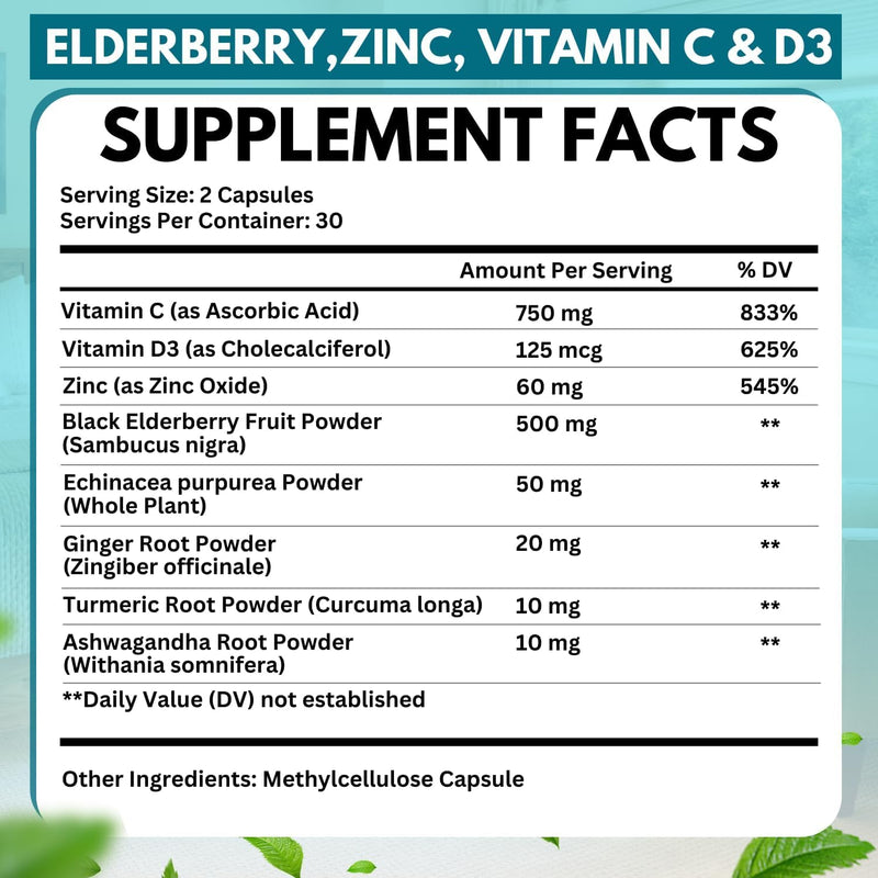 Immune Support Supplement 8 in 1 with Vitamin D 5000 IU - 2 Pk 60 CT Each | 8-in-1 Formula with Echinacea, Vitamin C & Zinc, Vitamin D 5000 IU, Turmeric, Ginger, Ashwagandha 60 Count (Pack of 2)