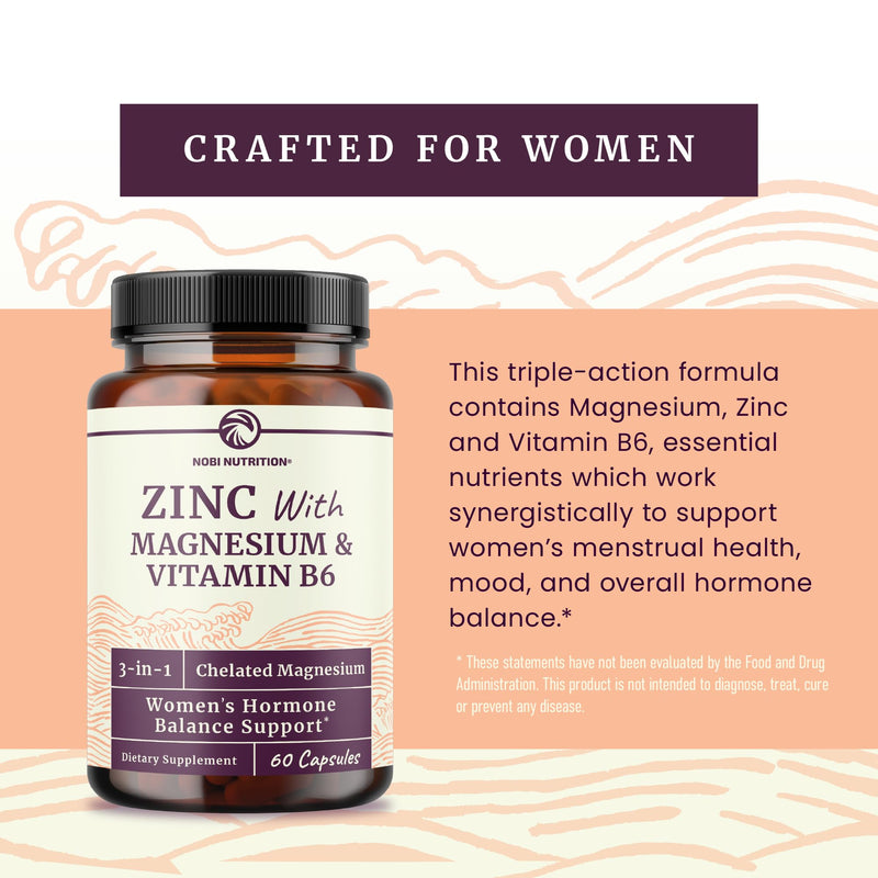Zinc and Magnesium Supplement with Vitamin B6, Women’s Hormone Balance | Menstrual Cycle & Immune Support, High Absorption Chelated Magnesium Glycinate with Zinc Picolinate and Vit B6, 60 Capsules