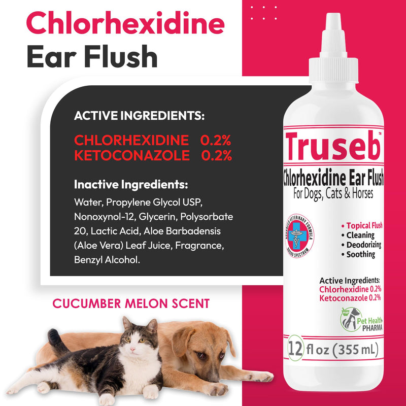 Truseb Maximum Strength Dog Ear Infection Treatment Flush, Cat & Dog Ear Cleaner Solution Medicated with Chlorhexidine & Ketoconazole Helps with Ear Itching Redness Swelling (12 oz)