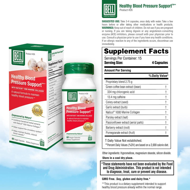 Bell Healthy Blood Pressure Support‚Ñ¢ Unique Blend - Natural Blend of Green Coffee Bean Extract, Garlic & Celery Seed Extract Blood Pressure Supplements - 2 Pack of 60 Capsules Each, Vegan, Non-GMO - BeesActive Australia