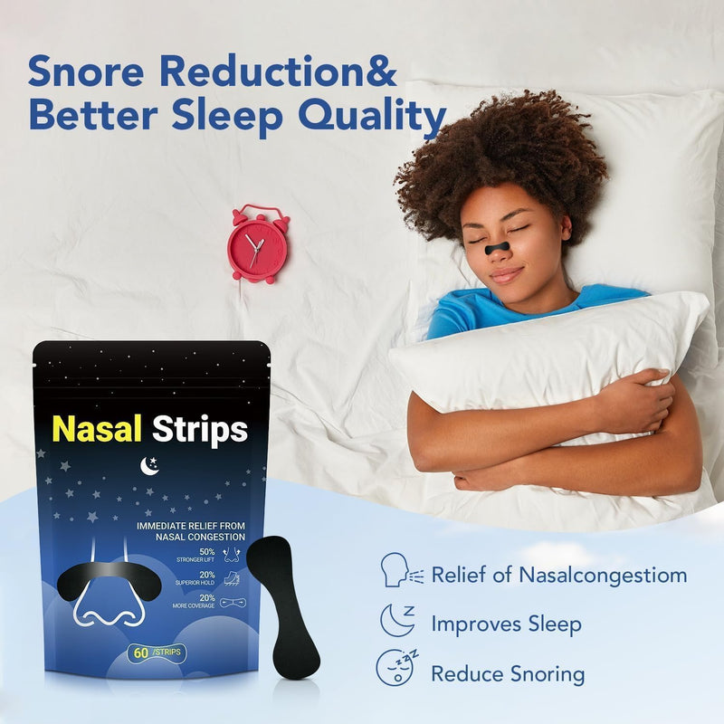 Nasal Strips for Snoring ‚Äì Extra Strength Nose Strips for Breathing Day and Night Use with Strong Adhesion Sweat Resistant Design ‚Äì Stops Snoring Improves Sleep and Workout Performance ‚Äì 60ct Black