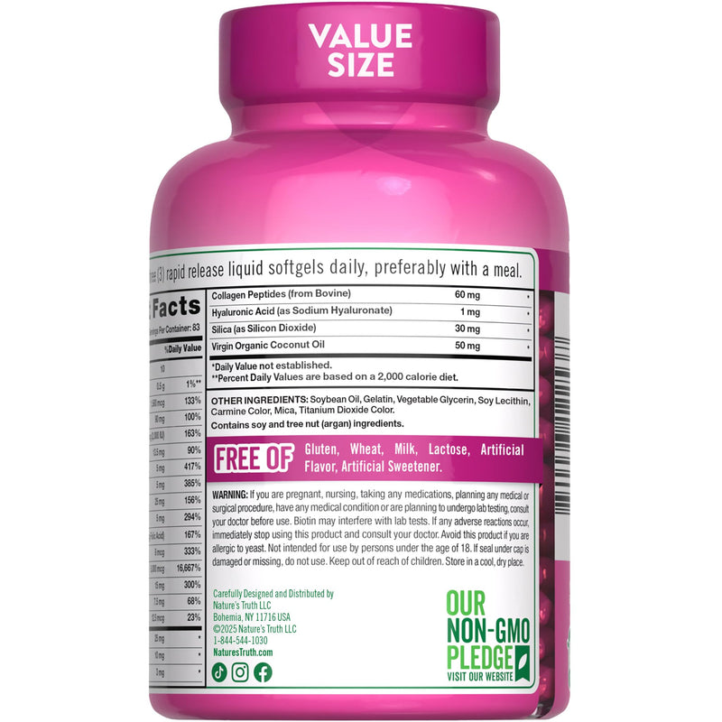Nature's Truth Hair, Skin & Nails Vitamins | 5000mcg | 250 Softgels | Includes Collagen, Biotin and Coconut Oil | Non-GMO & Gluten Free Supplement for Women and Men