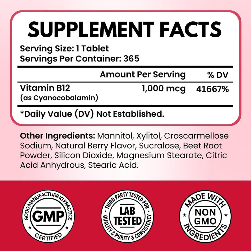 VITBOOST Vitamin B12 1000 mcg Chewable Tablets Natural Berry Flavor, 365 CT | B-12 Vitamin for Energy & Nervous System Support - Non-GMO Tablets, Third Party Tested - Made in USA