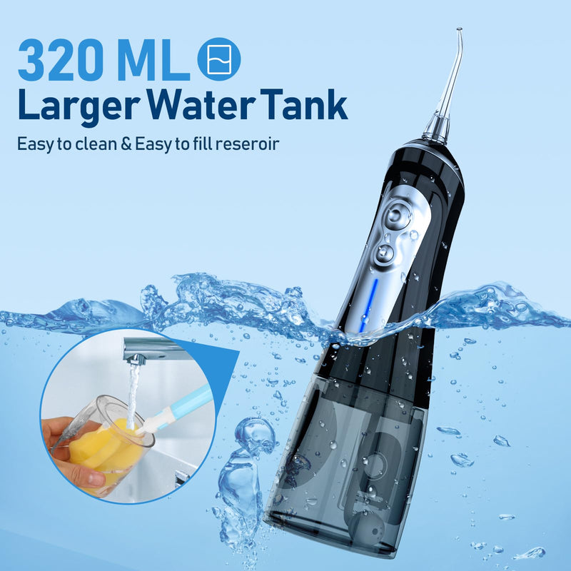 Flosser Cordless for Teeth Pick Cleaning - Powerful Oral Irrigator with 6 Adjustable Modes,320ML Portable & Rechargeable IPX7 Waterproof Cleaner Picks for Home Travel (Black)