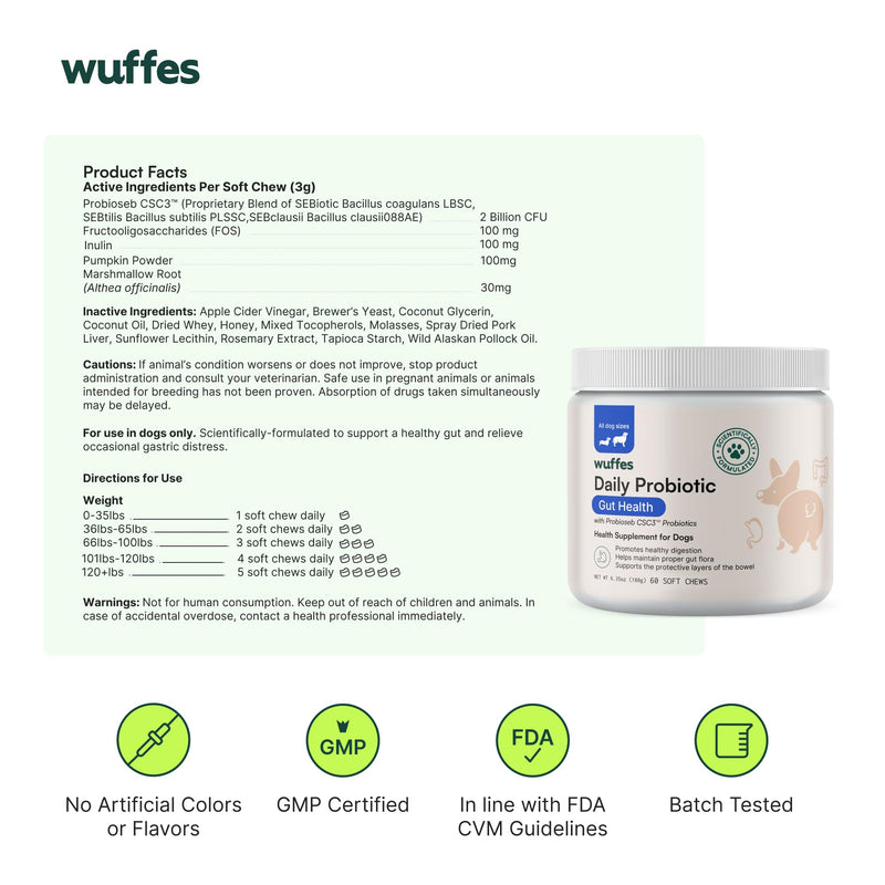 Wuffes Daily Probiotic for Dogs - Supports Digestive Health, Gut Balance, and Immune System - with Prebiotics, Marshmallow Root, and Pumpkin Powder - 2 Pack - 120 Soft Chews - PawsPlanet Australia