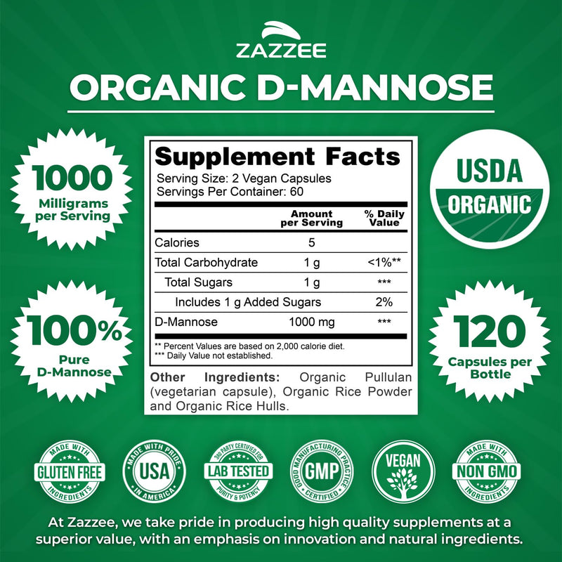 Zazzee USDA Organic D-Mannose, 1000 mg Per Serving, 120 Vegan Capsules, 2 Month Supply, Non-GMO, Urinary Tract & Bladder Support, Potent & Fast-Acting, Lab Tested for Quality & Purity, Made in USA