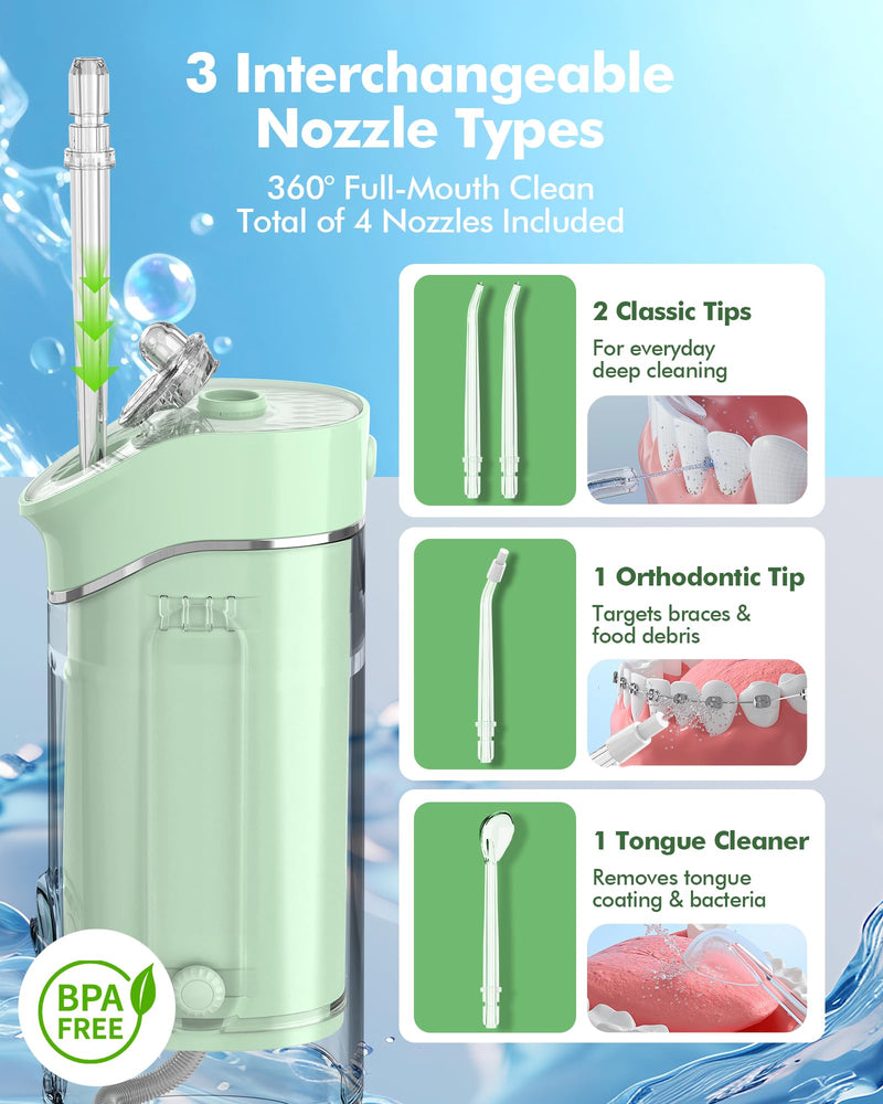Water Flosser Travel Mini Cordless Portable: 5 Modes Water Dental Floss with Telescopic Water Tank, 4 Tips, IPX7 Waterproof (Green) Green