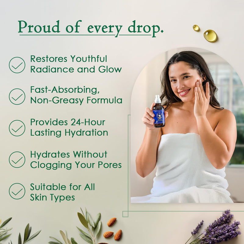 Organic Body & Face Oil for Dry Skin, Hydrating After Shower Moisturizer | Lightweight Nourishing Facial & Body Oil, Natural Cold-Pressed Almond, Olive, Jojoba, Rosehip & Lavender Oils, Vitamin E 4 Fl Oz (Pack of 1)