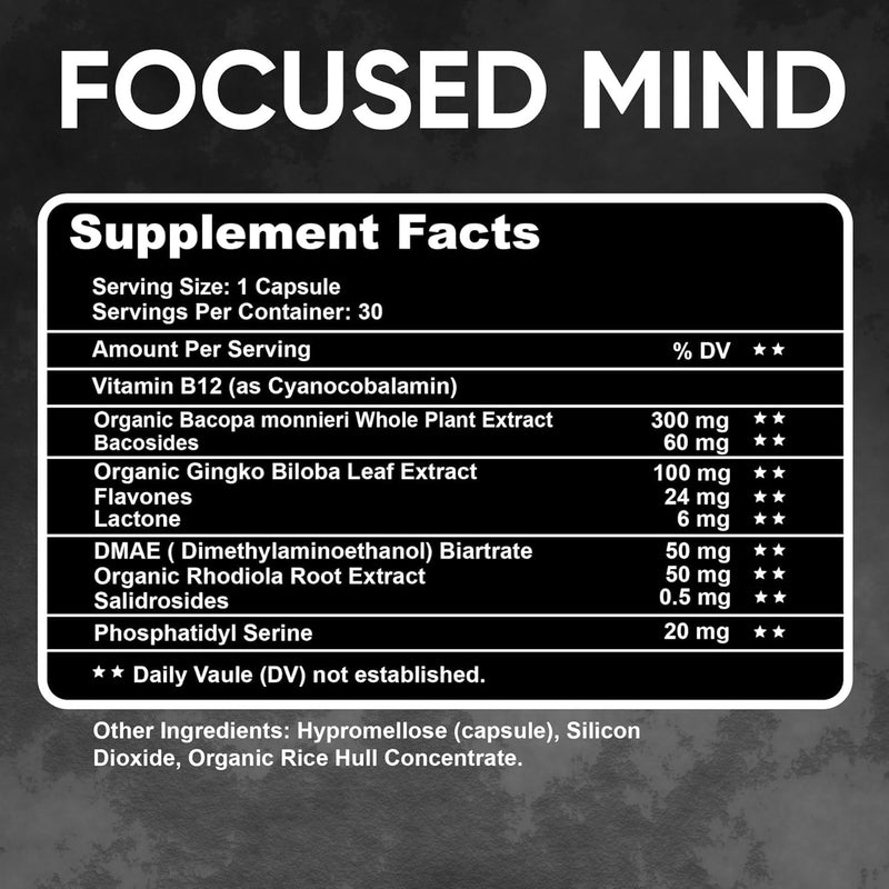 Focused Mind – Daily Brain Supplement for Memory and Focus Support | Nootropic for Concentration, Mental Clarity, and Brain Energy | Cognitive Supplement for Work, School, or Everyday Demands