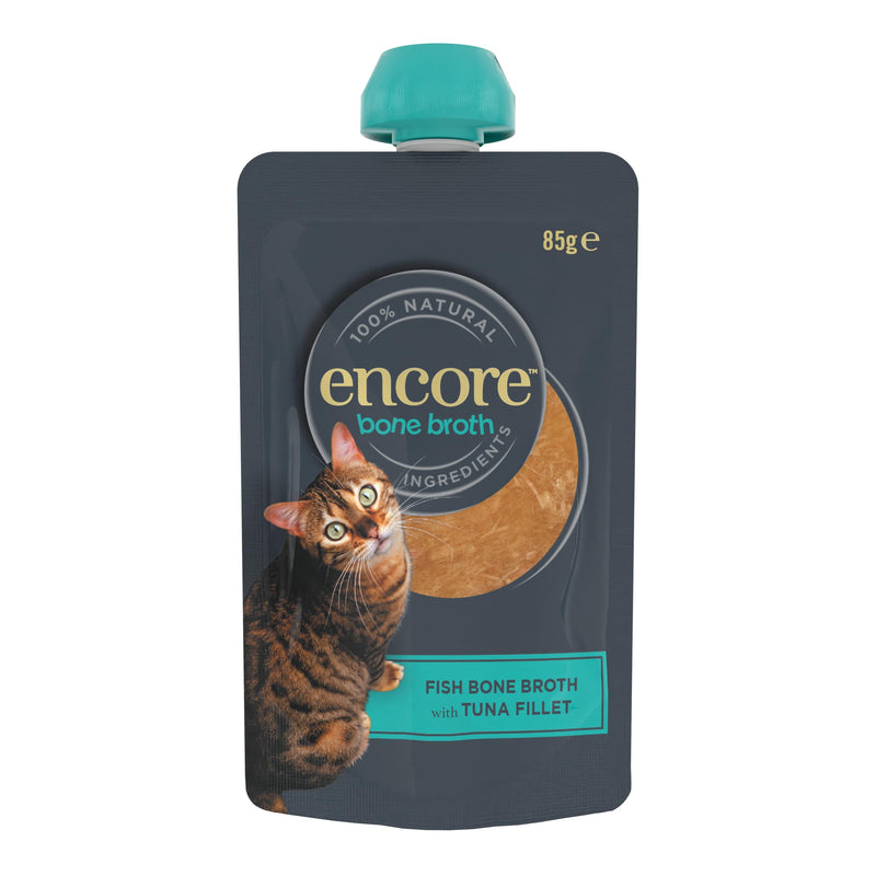 Encore 100% Natural Cat Fish Bone Broth Soup with Tuna Fillet, High in Collagen, Supports Joints, Digestion and Hydration, 8x85g Spout Pouch