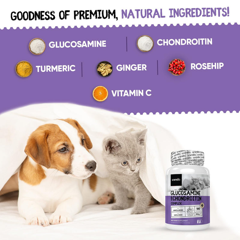 Glucosamine for Dogs & Cats With Chondroitin (1075mg) - 180 Capsules - Hip & Joint Supplement for Dogs & Cats of All Ages - With Turmeric, Ginger, Vitamin C & Rosehip - Cats & Dogs Joint Care