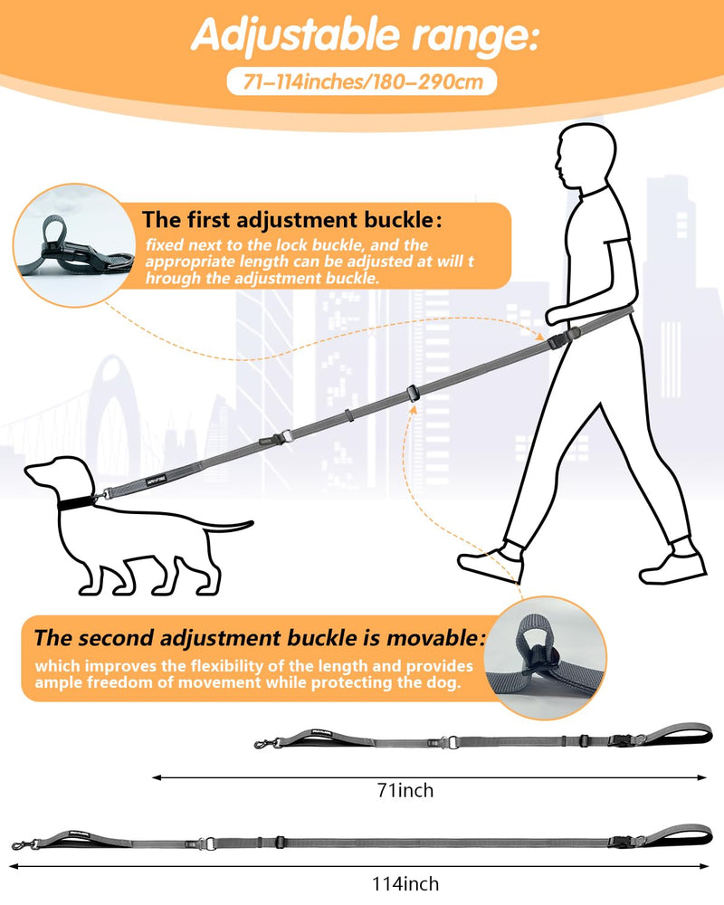 Hands Free Dog Leash, Multifunctional Crossbody Heavy Duty Dog Leash, 9.5 ft Long Waist Belt with Car Safety Buckle for Medium and Large Dogs Walking,Jogging,Running,Training (Grey 5.9-9.5ft). 5.9-9.5ft-Large Grey