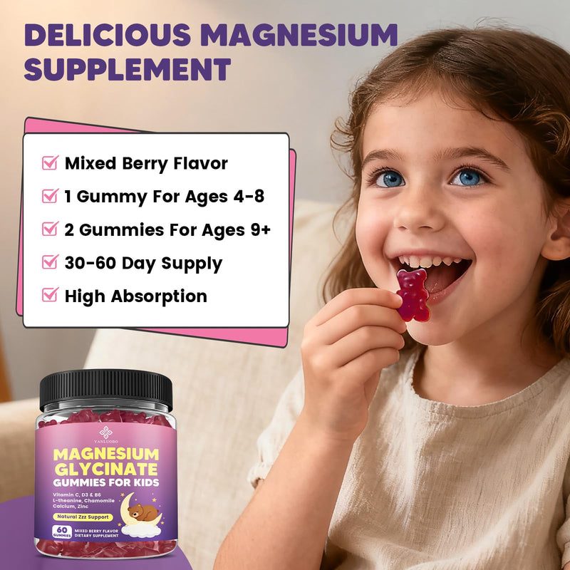 Kids Magnesium Gummies, Magnesium Glycinate Gummies 400mg/200mg with L-Theanine, Chamomile, Vitamin B6, D3 for Kids, Relaxation & Zzz Support, Nerve Bone - Sugar Free Mixed Berry Flavor 60ct 60 Count (Pack of 1)