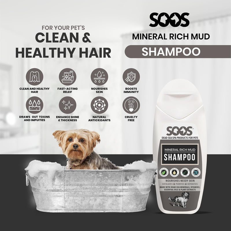 Soos Pet Dog Shampoo for Cats and Pets Mineral Rich Mud Natural Dead Sea Cruelty Free Fast Absorbing Skin Cooling First Aid Antib-acterial and Antif-ungal Odor Remover - 1x 250ml - PawsPlanet Australia
