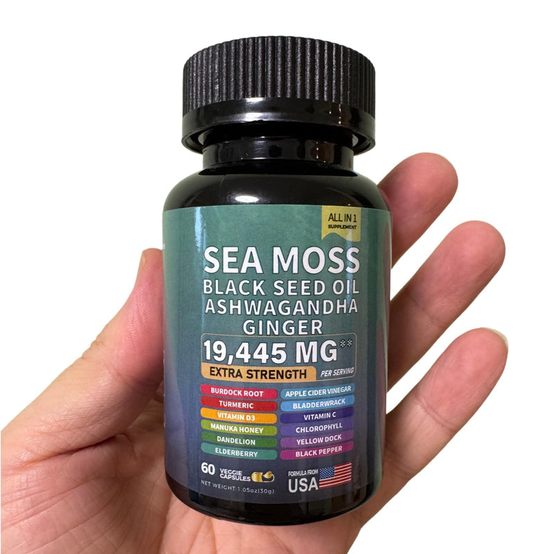 Sea Moss Black Seed Oil Ashwagandha Ginger Capsules with Turmeric Bladderwrack Burdock & Vitamin C Vitamin D3 with Elderberry Manuka Dandelion Yellow Dock Iodine Chlorophyll ACV