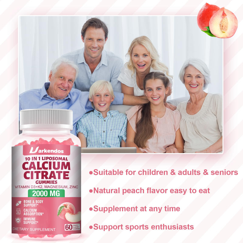 Liposome 2000MG Calcium Citrate with Vitamin D3 K2, Magnesium, Zinc and VC, 10-in-1 Calcium Gummies for Women and Men, Bone, Muscle, Immune Support & High Absorption, Peach Flavor Gummies, 2 Pack