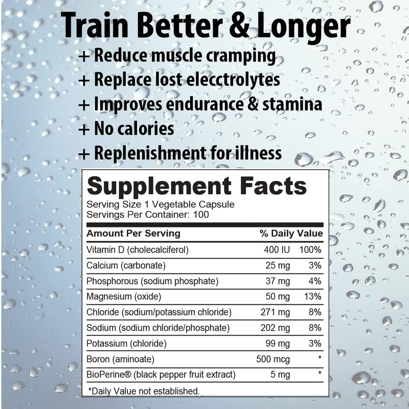 Electrolyte Pill- 100 Pills- Dehydration, Muscle cramping, Performance, Keto & Rapid Recovery. Vegetarian Capsules w/Magnesium, Potassium, Sodium & Calcium Hydration Supplement