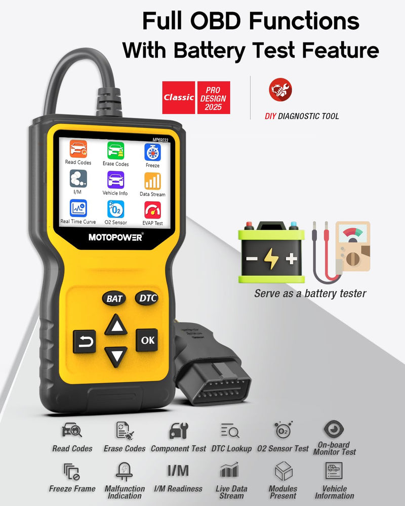 MOTOPOWER MP69033 Pro OBD2 Scanner Code Reader Check Engine Fault Light Diagnostic Scan Tool with Battery Tester - BeesActive Australia