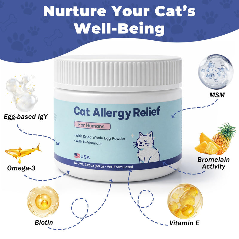 Cat Allergy Relief for Cats - Indoor Cat Allergen Neutralizer - Allergen spray alternatives - Cat Allergy Powder – cat dander remover - IgY Whole Egg Powder + Omega-3 & Quercetin – 2.1 oz Powder