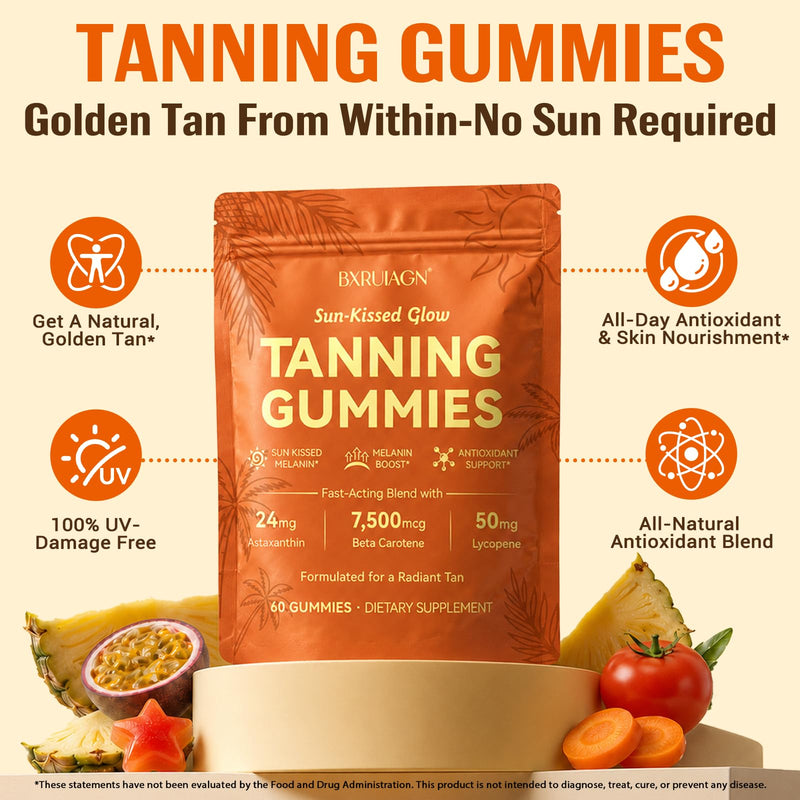 Tanning Gummies, Sunless Tanning Supplement for Women and Men, with Beta Astaxanthin, Carotene, Lycopene, Collagen & Vitamins | Skin Radiance & Hydration | Vegan & Sugar Free - 60 Count Orange