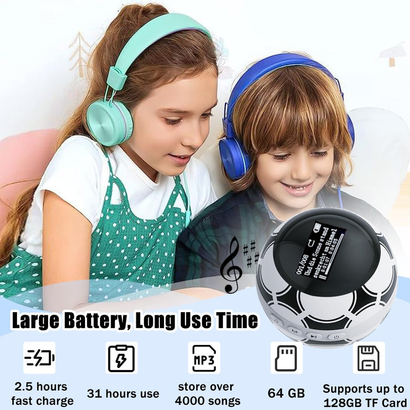 64GB MP3 Player for Kids,MP3 Player with Bluetooth 5.0, Mini Soccer Ball Music Player, Supports Speaker, FM Radio, Recording, and Pedometer Functions, Comes with Headphones and Lanyard