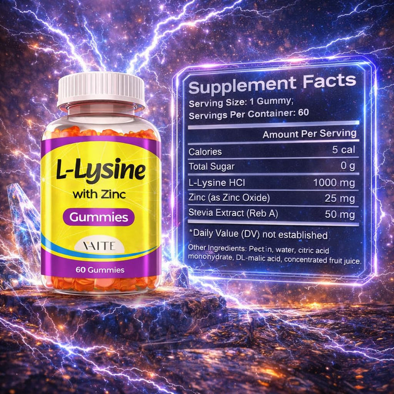 VAITE L Lysine Gummies 1000mg with Zinc - Supports Skin, Lip, Vegan, Gluten Free, 60 Chewable L-Lysine for Adults, Vitamins Tissue Health & Immune System, Amino Acid & Complex Supplements, Non-GMO 1 Pack